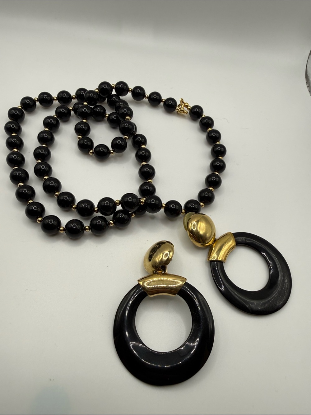 Elegant Black Bead Necklace with Gold-Accent Hoop Pendant - Women Jewelry
